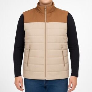 Magaschoni Man Vest Mens‎ Large Beige Tan Colorblock Faux Leather Puffer Quilted